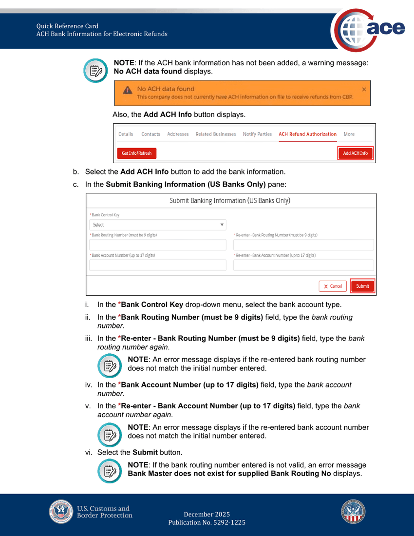Account Name pane showing the tab strip including ACH Refund Authorization; the More dropdown exposing the same tab on narrow screens; the No-ACH-data-found yellow warning banner and the Add ACH Info button.