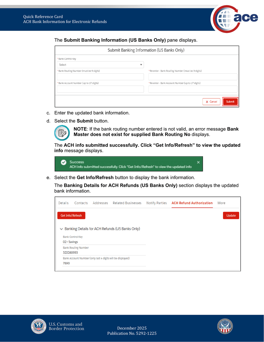 Update flow — Banking Details section with Update button highlighted, then the Submit Banking Information form for updates, then the success toast and the updated Banking Details showing the new Bank Control Key (02 - Savings), routing number, and last 4 of account.