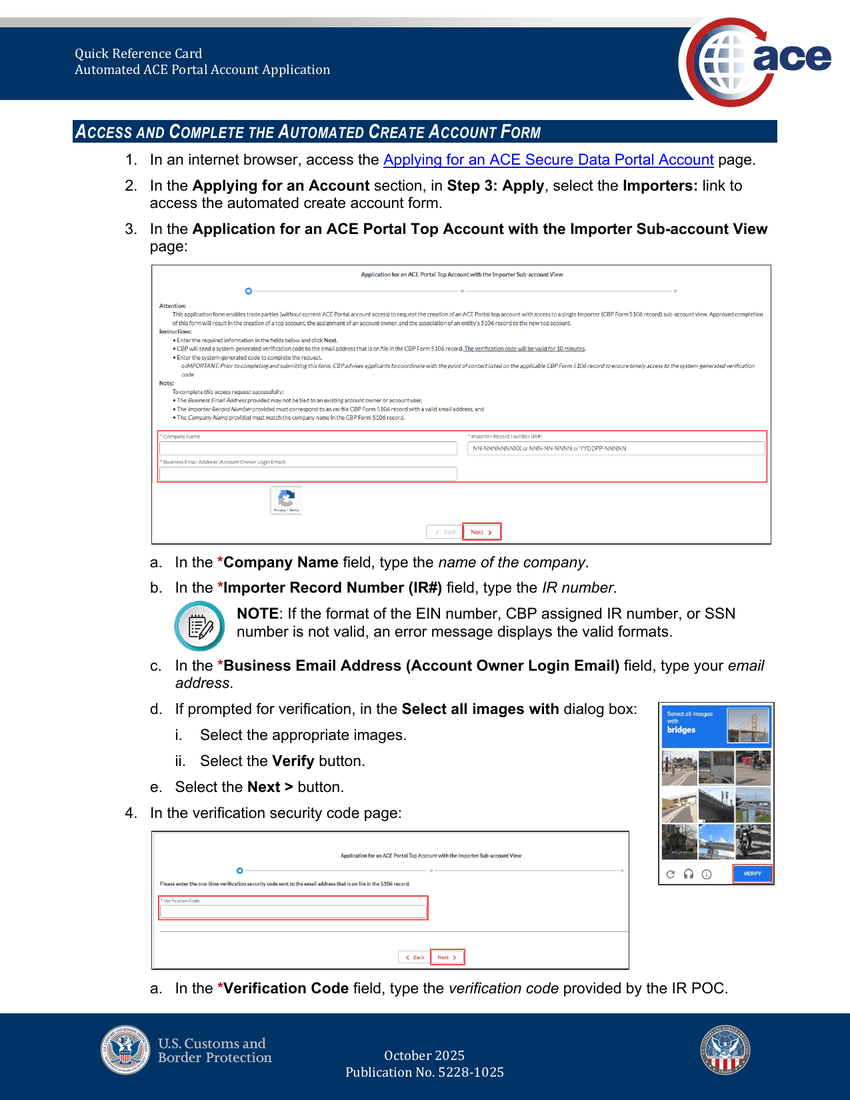 CBP ACE Portal automated create-account form page 1 — Company Name, Importer Record Number, and Business Email Address fields followed by a reCAPTCHA.