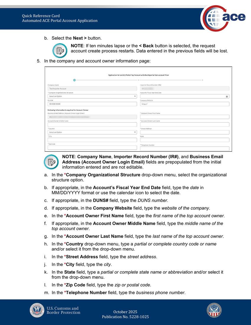 Verification code entry page plus the beginning of the company and account owner information page — Company Organizational Structure, Fiscal Year End, DUNS, Website, Account Owner First/Last Name, Country, Street Address, City, State, Zip, Telephone.