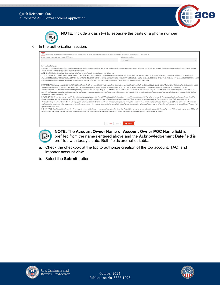 CBP ACE Portal authorization page with Privacy Act Statement, electronic-signature checkbox, and Submit button.